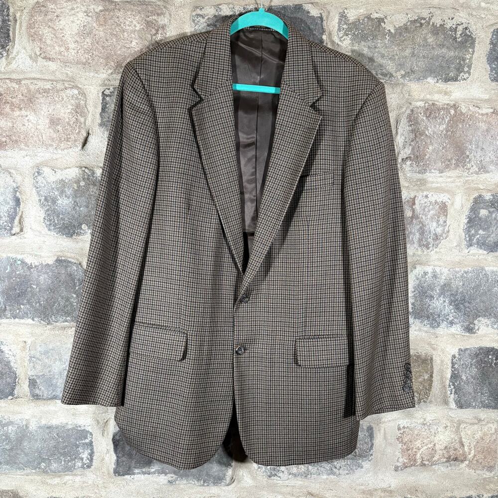 Oscar De La Renta Menswear Blazer 2 Button 42L Tan Wool Houndstooth Office Work